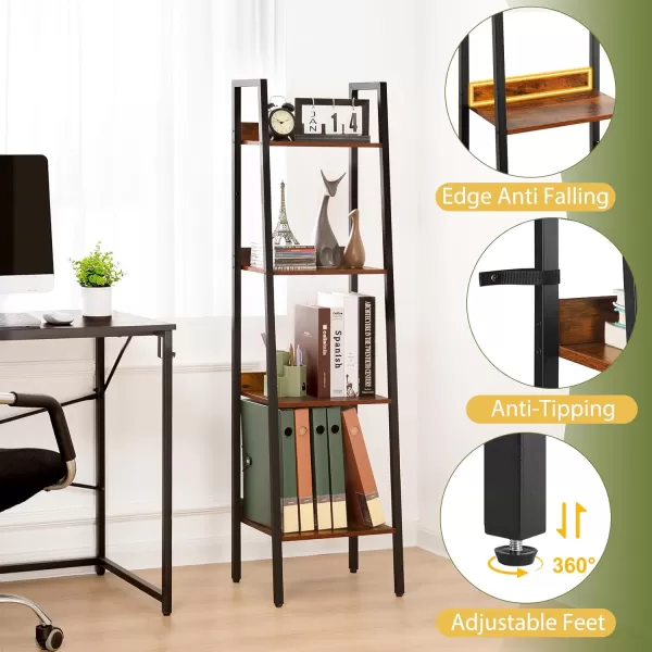 Yoobure Ladder Shelf 4 Tier Tall Ladder Bookshelf Corner Shelf Industrial Book Shelf Ladder Bookcase Narrow Standing Storage Shelves Display Shelf for Bedroom Living Room Office Kitchen BathroomBerry Brown