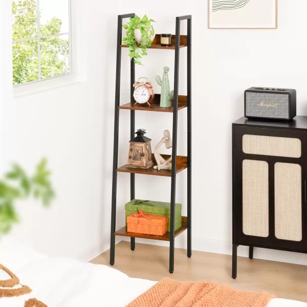 Yoobure Ladder Shelf 4 Tier Tall Ladder Bookshelf Corner Shelf Industrial Book Shelf Ladder Bookcase Narrow Standing Storage Shelves Display Shelf for Bedroom Living Room Office Kitchen BathroomBerry Brown
