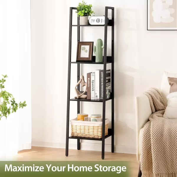 Yoobure Ladder Shelf 4 Tier Tall Ladder Bookshelf Corner Shelf Industrial Book Shelf Ladder Bookcase Narrow Standing Storage Shelves Display Shelf for Bedroom Living Room Office Kitchen BathroomBlack