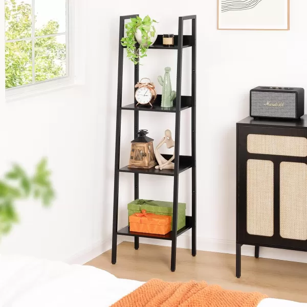 Yoobure Ladder Shelf 4 Tier Tall Ladder Bookshelf Corner Shelf Industrial Book Shelf Ladder Bookcase Narrow Standing Storage Shelves Display Shelf for Bedroom Living Room Office Kitchen BathroomBlack