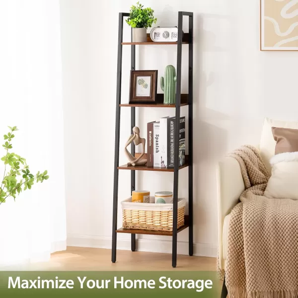 Yoobure Ladder Shelf 4 Tier Tall Ladder Bookshelf Corner Shelf Industrial Book Shelf Ladder Bookcase Narrow Standing Storage Shelves Display Shelf for Bedroom Living Room Office Kitchen BathroomBerry Brown
