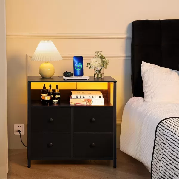 Yoobure Night Stand with Charge Station Nightstand with 4 Drawers Bedside Table LED Dresser with Storage Shelf Night Stands for Bedroom Side Table 3Tier Wood End Table for Home Office WhiteBlack