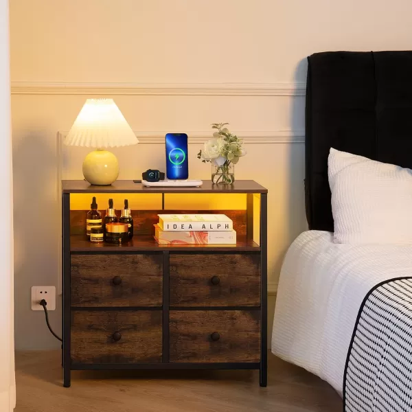 Yoobure Night Stand with Charge Station Nightstand with 4 Drawers Bedside Table LED Dresser with Storage Shelf Night Stands for Bedroom Side Table 3Tier Wood End Table for Home Office WhiteRustic Brown