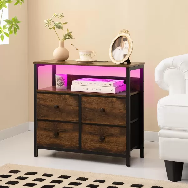 Yoobure Night Stand with Charge Station Nightstand with 4 Drawers Bedside Table LED Dresser with Storage Shelf Night Stands for Bedroom Side Table 3Tier Wood End Table for Home Office WhiteRustic Brown