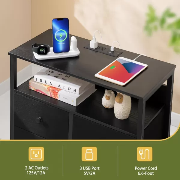 Yoobure Night Stand with Charge Station Nightstand with 4 Drawers Bedside Table LED Dresser with Storage Shelf Night Stands for Bedroom Side Table 3Tier Wood End Table for Home Office WhiteBlack