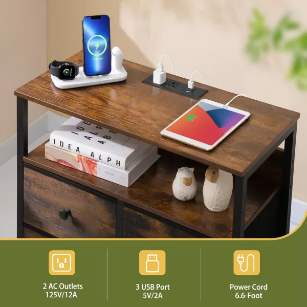 Yoobure Night Stand with Charge Station Nightstand with 4 Drawers Bedside Table LED Dresser with Storage Shelf Night Stands for Bedroom Side Table 3Tier Wood End Table for Home Office WhiteRustic Brown