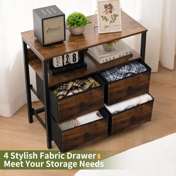 Yoobure Night Stand with Charge Station Nightstand with 4 Drawers Bedside Table LED Dresser with Storage Shelf Night Stands for Bedroom Side Table 3Tier Wood End Table for Home Office WhiteRustic Brown