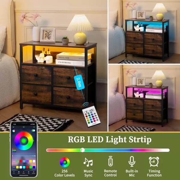 Yoobure Night Stand with Charge Station Nightstand with 4 Drawers Bedside Table LED Dresser with Storage Shelf Night Stands for Bedroom Side Table 3Tier Wood End Table for Home Office WhiteRustic Brown