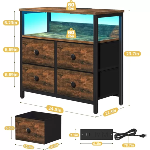 Yoobure Night Stand with Charge Station Nightstand with 4 Drawers Bedside Table LED Dresser with Storage Shelf Night Stands for Bedroom Side Table 3Tier Wood End Table for Home Office WhiteRustic Brown