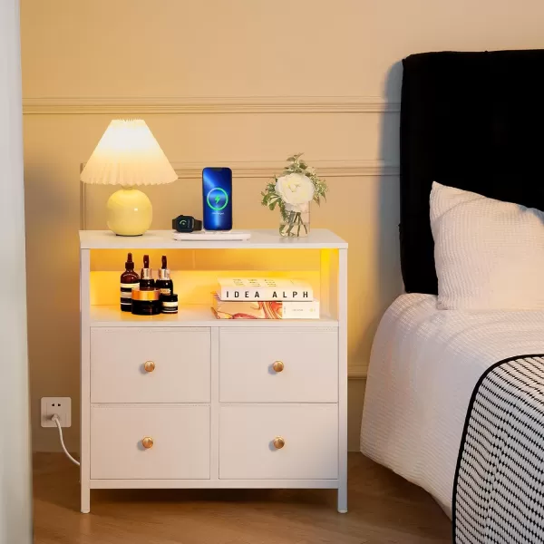 Yoobure Night Stand with Charge Station Nightstand with 4 Drawers Bedside Table LED Dresser with Storage Shelf Night Stands for Bedroom Side Table 3Tier Wood End Table for Home Office WhiteWhite