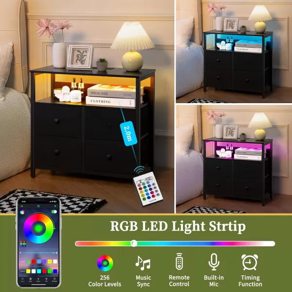 Yoobure Night Stand with Charge Station Nightstand with 4 Drawers Bedside Table LED Dresser with Storage Shelf Night Stands for Bedroom Side Table 3Tier Wood End Table for Home Office WhiteBlack