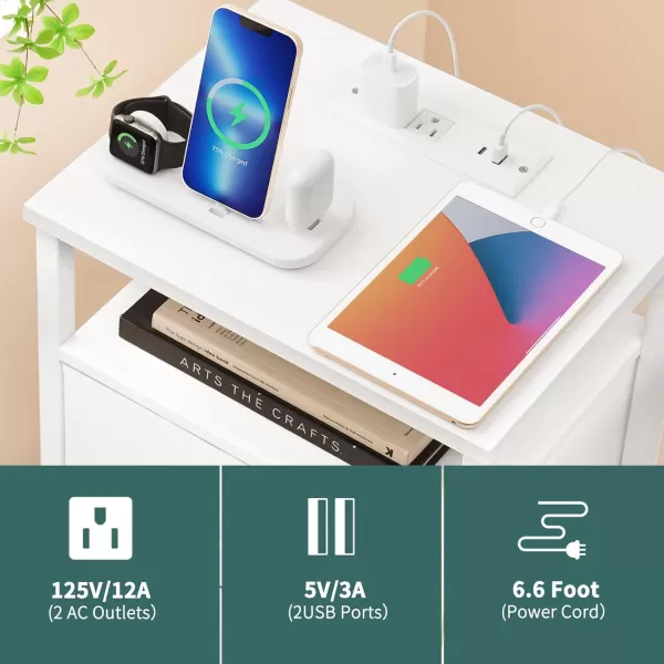 Yoobure Night Stand with Charging Station 16 Colors LED Nightstand with USB Ports and Outlets End Table with 3 Fabric Drawers and Storage Shelf Bedside Tables Small Dresser for Small Space WhiteWhite