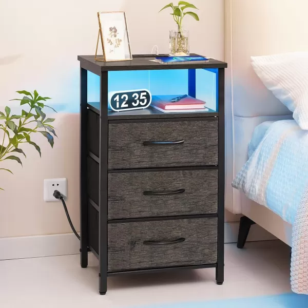Yoobure Night Stand with Charging Station 16 Colors LED Nightstand with USB Ports and Outlets End Table with 3 Fabric Drawers and Storage Shelf Bedside Tables Small Dresser for Small Space WhiteGrey