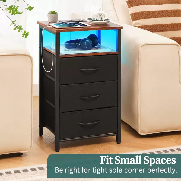 Yoobure Night Stand with Charging Station 16 Colors LED Nightstand with USB Ports and Outlets End Table with 3 Fabric Drawers and Storage Shelf Bedside Tables Small Dresser for Small Space WhiteBlackbrown