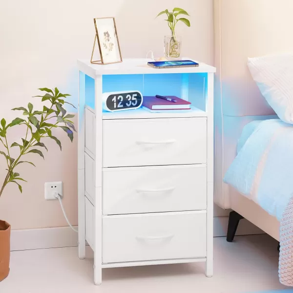 Yoobure Night Stand with Charging Station 16 Colors LED Nightstand with USB Ports and Outlets End Table with 3 Fabric Drawers and Storage Shelf Bedside Tables Small Dresser for Small Space WhiteWhite