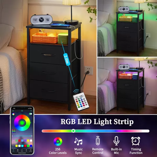 Yoobure Night Stand with Charging Station 16 Colors LED Nightstand with USB Ports and Outlets End Table with 3 Fabric Drawers and Storage Shelf Bedside Tables Small Dresser for Small Space WhiteBlack