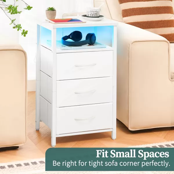 Yoobure Night Stand with Charging Station 16 Colors LED Nightstand with USB Ports and Outlets End Table with 3 Fabric Drawers and Storage Shelf Bedside Tables Small Dresser for Small Space WhiteWhite