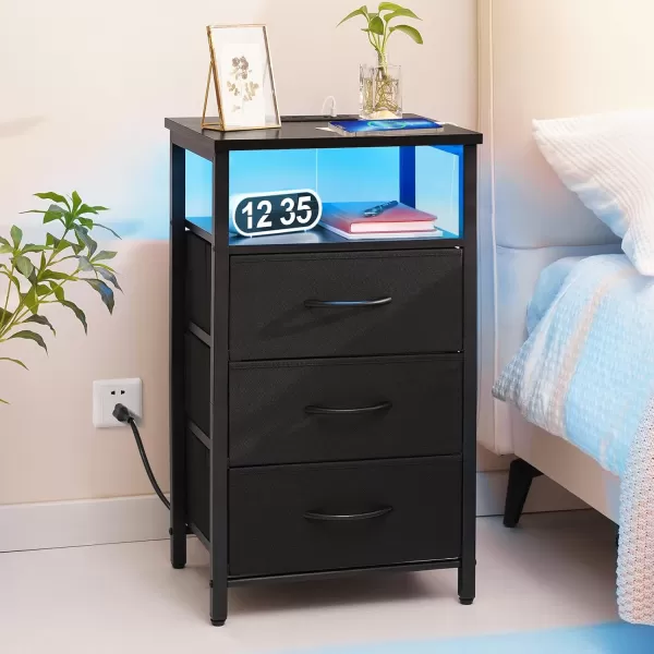 Yoobure Night Stand with Charging Station 16 Colors LED Nightstand with USB Ports and Outlets End Table with 3 Fabric Drawers and Storage Shelf Bedside Tables Small Dresser for Small Space WhiteBlack