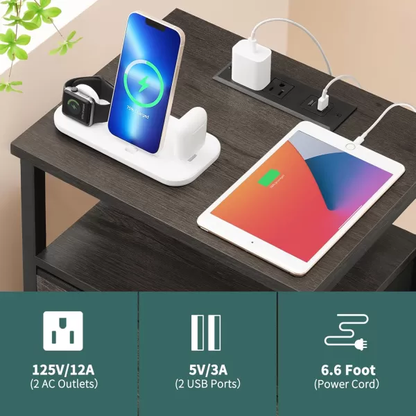 Yoobure Night Stand with Charging Station 16 Colors LED Nightstand with USB Ports and Outlets End Table with 3 Fabric Drawers and Storage Shelf Bedside Tables Small Dresser for Small Space WhiteGrey