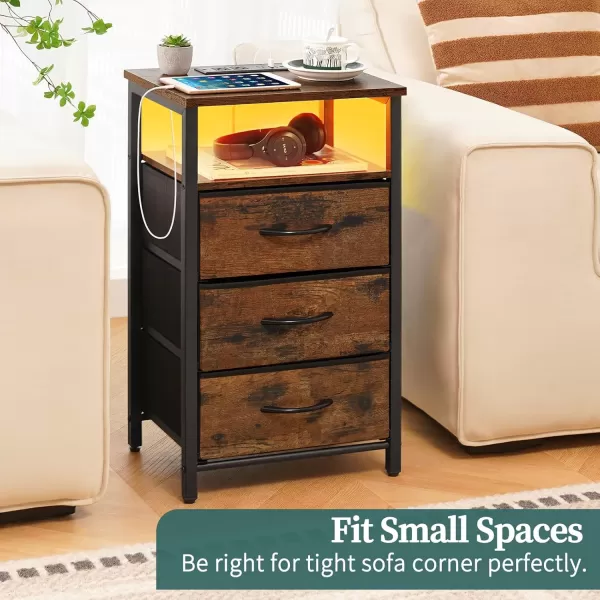 Yoobure Night Stand with Charging Station 16 Colors LED Nightstand with USB Ports and Outlets End Table with 3 Fabric Drawers and Storage Shelf Bedside Tables Small Dresser for Small Space WhiteBerry Brown