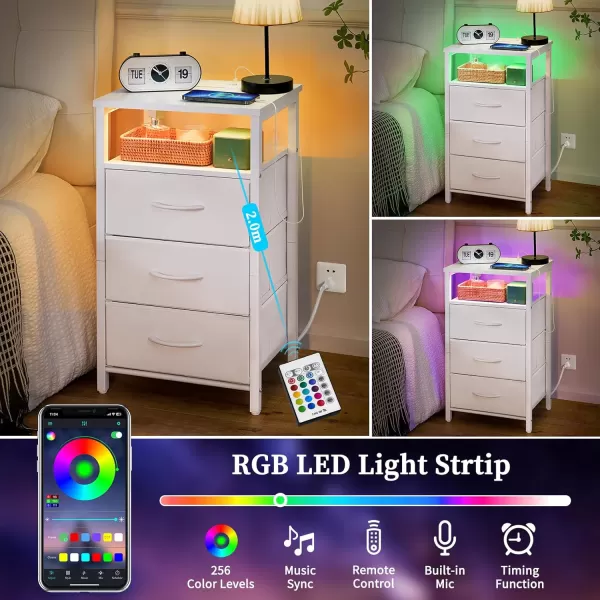 Yoobure Night Stand with Charging Station 16 Colors LED Nightstand with USB Ports and Outlets End Table with 3 Fabric Drawers and Storage Shelf Bedside Tables Small Dresser for Small Space WhiteWhite