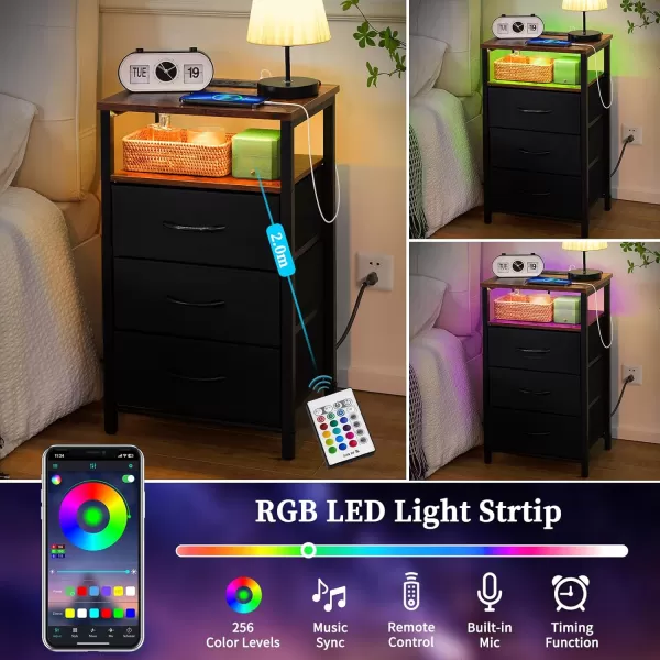 Yoobure Night Stand with Charging Station 16 Colors LED Nightstand with USB Ports and Outlets End Table with 3 Fabric Drawers and Storage Shelf Bedside Tables Small Dresser for Small Space WhiteBlackbrown