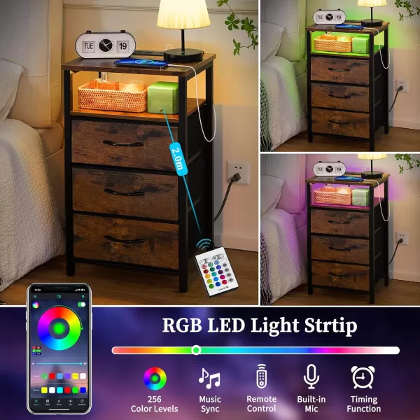 Yoobure Night Stand with Charging Station 16 Colors LED Nightstand with USB Ports and Outlets End Table with 3 Fabric Drawers and Storage Shelf Bedside Tables Small Dresser for Small Space WhiteBerry Brown
