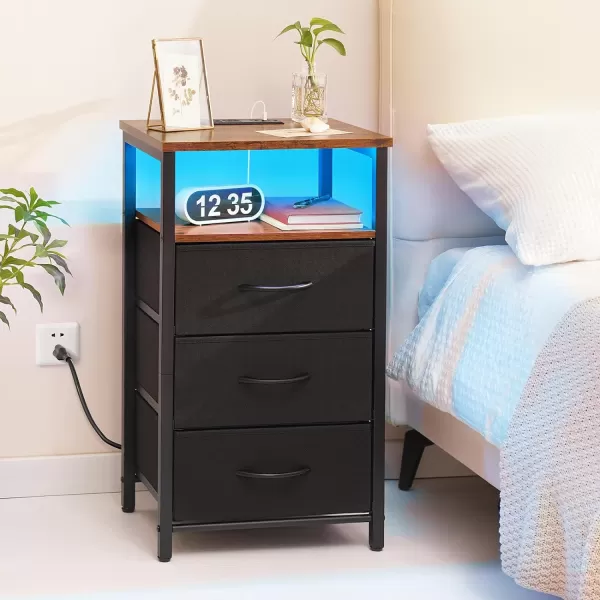 Yoobure Night Stand with Charging Station 16 Colors LED Nightstand with USB Ports and Outlets End Table with 3 Fabric Drawers and Storage Shelf Bedside Tables Small Dresser for Small Space WhiteBlackbrown