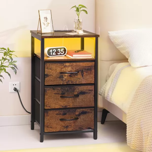 Yoobure Night Stand with Charging Station 16 Colors LED Nightstand with USB Ports and Outlets End Table with 3 Fabric Drawers and Storage Shelf Bedside Tables Small Dresser for Small Space WhiteBerry Brown