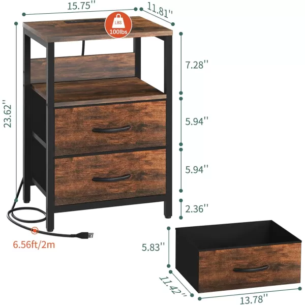 Yoobure Nightstand with Charging Station LED Night Stand with Fabric Drawers and Storage Shelf for Bedroom Nightstands Bedside Tables with USB Ports ampamp Outlets Small Night Stands Bed Side TableVintage Brown