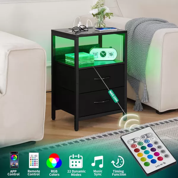 Yoobure Nightstand with Charging Station LED Night Stand with Fabric Drawers and Storage Shelf for Bedroom Nightstands Bedside Tables with USB Ports ampamp Outlets Small Night Stands Bed Side TableBlack