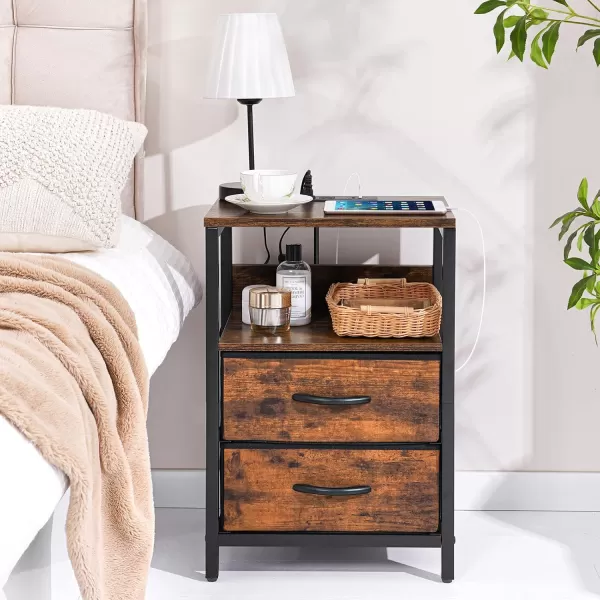 Yoobure Nightstand with Charging Station LED Night Stand with Fabric Drawers and Storage Shelf for Bedroom Nightstands Bedside Tables with USB Ports ampamp Outlets Small Night Stands Bed Side TableVintage Brown