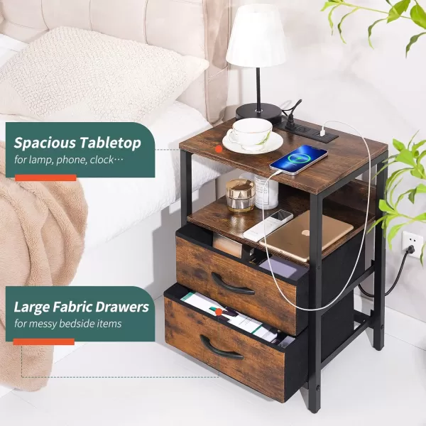 Yoobure Nightstand with Charging Station LED Night Stand with Fabric Drawers and Storage Shelf for Bedroom Nightstands Bedside Tables with USB Ports ampamp Outlets Small Night Stands Bed Side TableVintage Brown