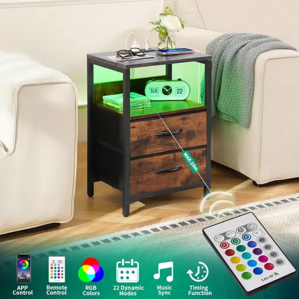Yoobure Nightstand with Charging Station LED Night Stand with Fabric Drawers and Storage Shelf for Bedroom Nightstands Bedside Tables with USB Ports ampamp Outlets Small Night Stands Bed Side TableVintage Brown