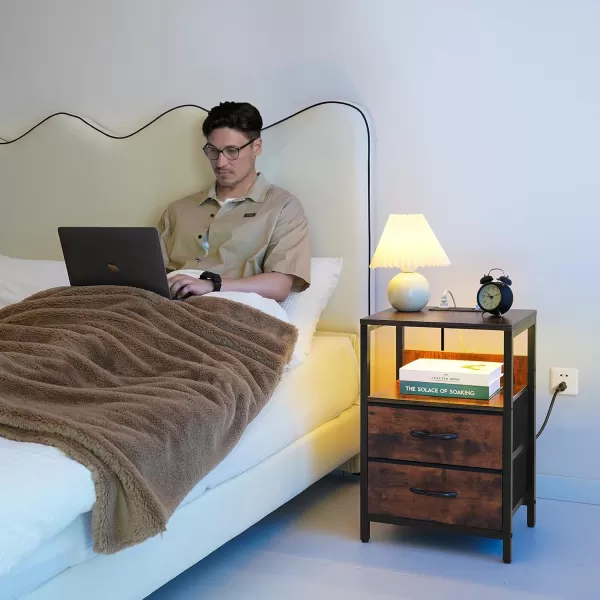 Yoobure Nightstand with Charging Station LED Night Stand with Fabric Drawers and Storage Shelf for Bedroom Nightstands Bedside Tables with USB Ports ampamp Outlets Small Night Stands Bed Side TableVintage Brown