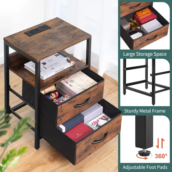 Yoobure Nightstand with Charging Station LED Night Stand with Fabric Drawers and Storage Shelf for Bedroom Nightstands Bedside Tables with USB Ports ampamp Outlets Small Night Stands Bed Side TableVintage Brown