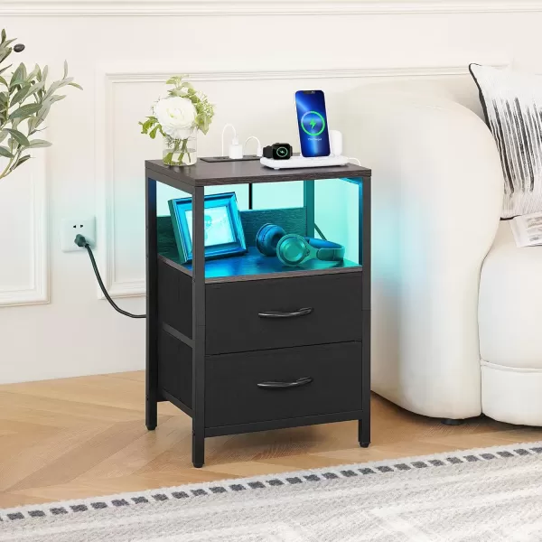 Yoobure Nightstand with Charging Station LED Night Stand with Fabric Drawers and Storage Shelf for Bedroom Nightstands Bedside Tables with USB Ports ampamp Outlets Small Night Stands Bed Side TableCharcoal GrayBlack