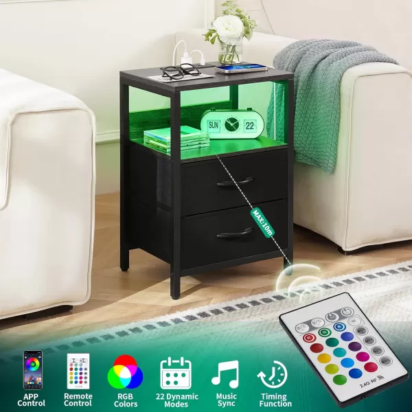 Yoobure Nightstand with Charging Station LED Night Stand with Fabric Drawers and Storage Shelf for Bedroom Nightstands Bedside Tables with USB Ports ampamp Outlets Small Night Stands Bed Side TableCharcoal GrayBlack