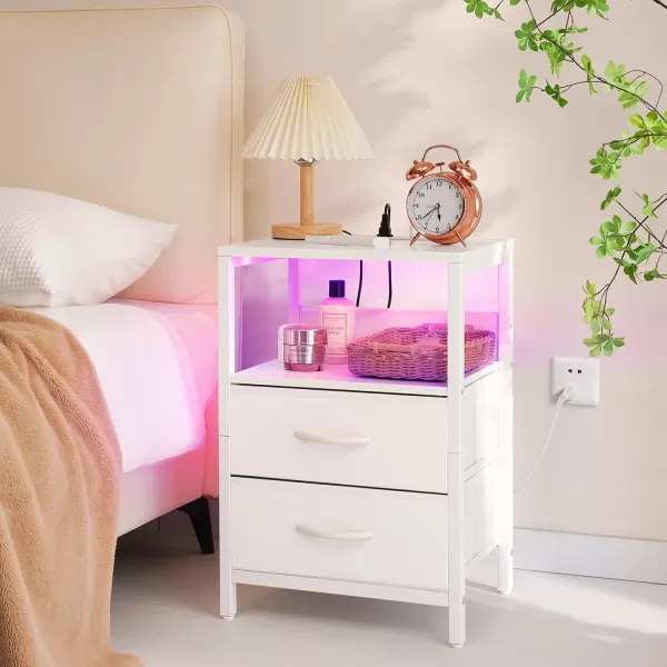 Yoobure Nightstand with Charging Station LED Night Stand with Fabric Drawers and Storage Shelf for Bedroom Nightstands Bedside Tables with USB Ports ampamp Outlets Small Night Stands Bed Side TableWhite