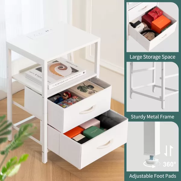 Yoobure Nightstand with Charging Station LED Night Stand with Fabric Drawers and Storage Shelf for Bedroom Nightstands Bedside Tables with USB Ports ampamp Outlets Small Night Stands Bed Side TableWhite