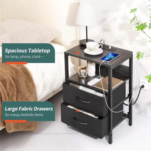 Yoobure Nightstand with Charging Station LED Night Stand with Fabric Drawers and Storage Shelf for Bedroom Nightstands Bedside Tables with USB Ports ampamp Outlets Small Night Stands Bed Side TableCharcoal GrayBlack