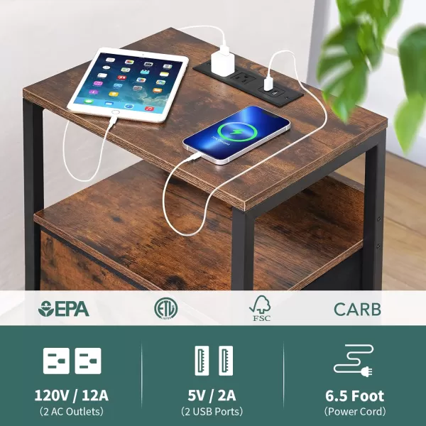 Yoobure Nightstand with Charging Station LED Night Stand with Fabric Drawers and Storage Shelf for Bedroom Nightstands Bedside Tables with USB Ports ampamp Outlets Small Night Stands Bed Side TableVintage Brown