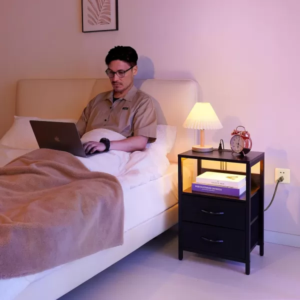 Yoobure Nightstand with Charging Station LED Night Stand with Fabric Drawers and Storage Shelf for Bedroom Nightstands Bedside Tables with USB Ports ampamp Outlets Small Night Stands Bed Side TableBlack