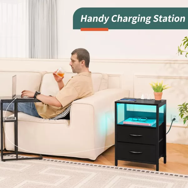 Yoobure Nightstand with Charging Station LED Night Stand with Fabric Drawers and Storage Shelf for Bedroom Nightstands Bedside Tables with USB Ports ampamp Outlets Small Night Stands Bed Side TableBlack