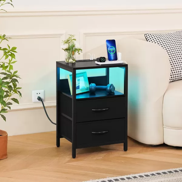 Yoobure Nightstand with Charging Station LED Night Stand with Fabric Drawers and Storage Shelf for Bedroom Nightstands Bedside Tables with USB Ports ampamp Outlets Small Night Stands Bed Side TableBlack