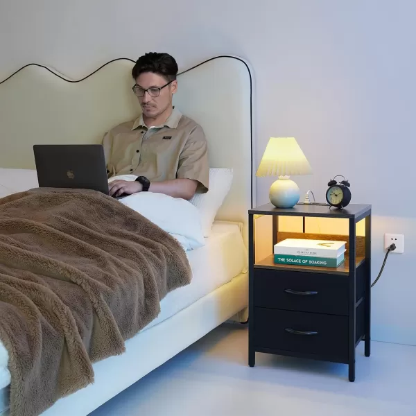 Yoobure Nightstand with Charging Station LED Night Stand with Fabric Drawers and Storage Shelf for Bedroom Nightstands Bedside Tables with USB Ports ampamp Outlets Small Night Stands Bed Side TableCharcoal GrayBlack
