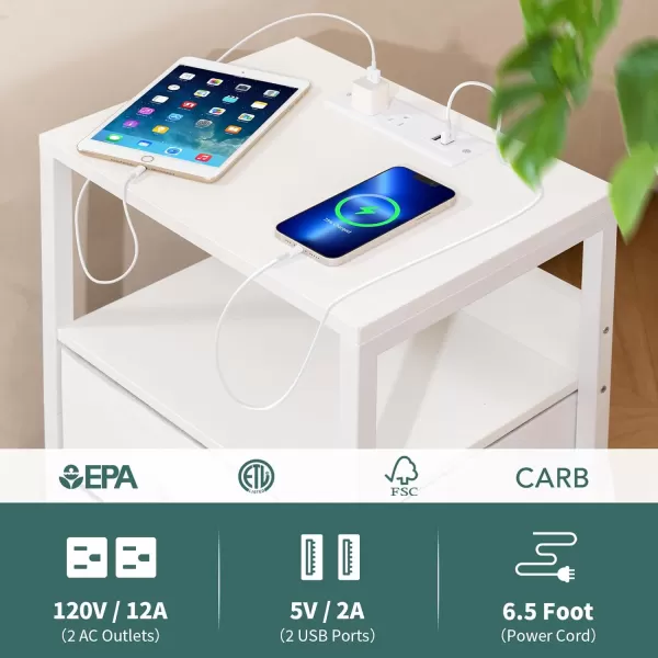 Yoobure Nightstand with Charging Station LED Night Stand with Fabric Drawers and Storage Shelf for Bedroom Nightstands Bedside Tables with USB Ports ampamp Outlets Small Night Stands Bed Side TableWhite