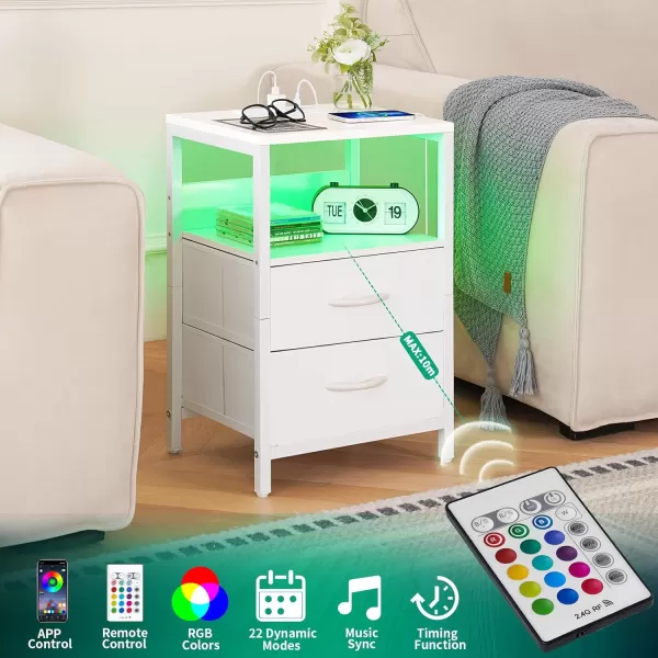 Yoobure Nightstand with Charging Station LED Night Stand with Fabric Drawers and Storage Shelf for Bedroom Nightstands Bedside Tables with USB Ports ampamp Outlets Small Night Stands Bed Side TableWhite