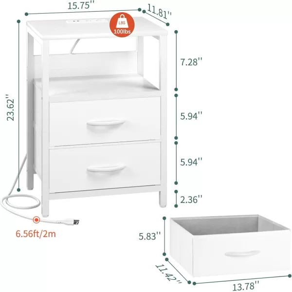 Yoobure Nightstand with Charging Station LED Night Stand with Fabric Drawers and Storage Shelf for Bedroom Nightstands Bedside Tables with USB Ports ampamp Outlets Small Night Stands Bed Side TableWhite