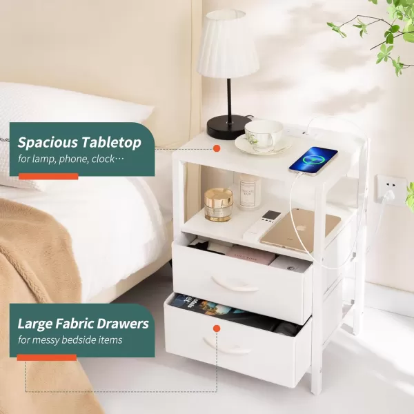 Yoobure Nightstand with Charging Station LED Night Stand with Fabric Drawers and Storage Shelf for Bedroom Nightstands Bedside Tables with USB Ports ampamp Outlets Small Night Stands Bed Side TableWhite
